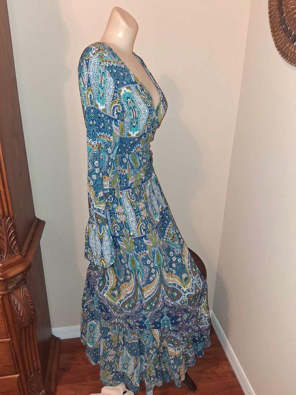 Paisley V-Neck Maxi Wrap Dress in Teal and Green